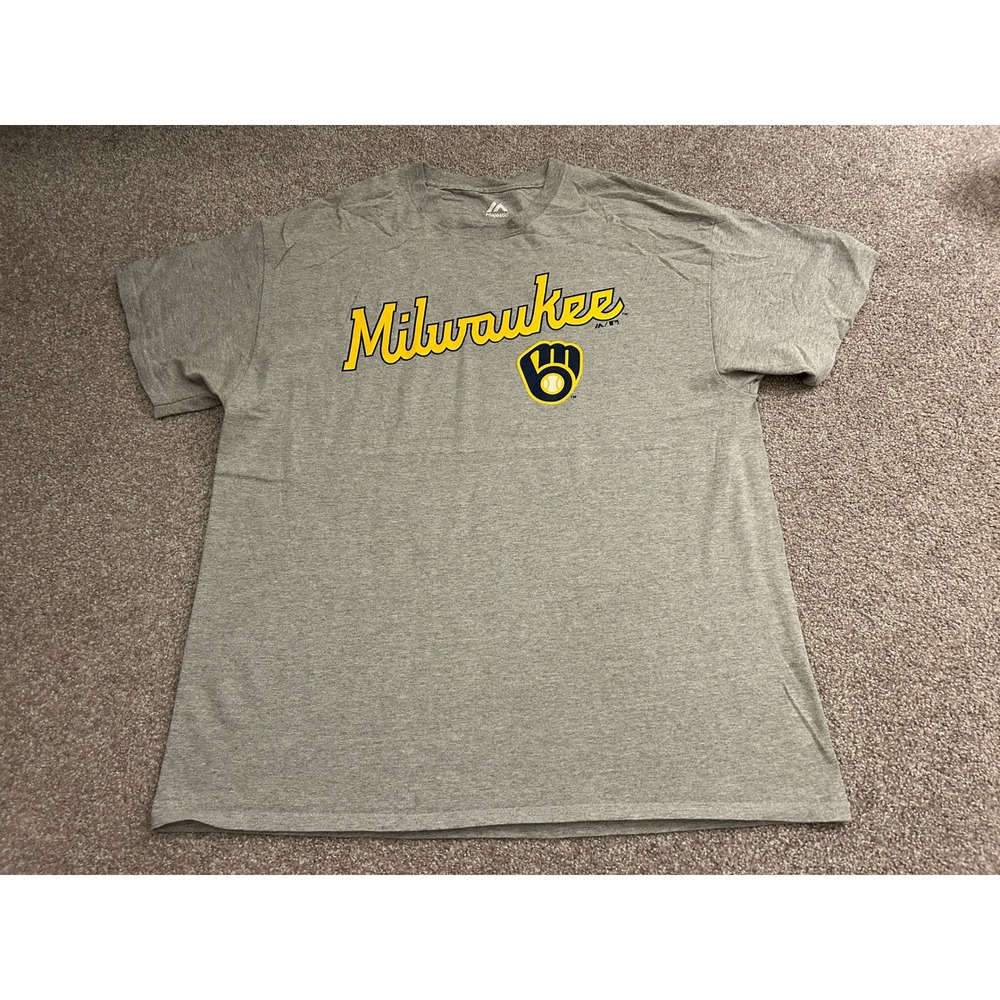 Majestic Milwaukee Brewers T-Shirt Mens XL Gray Excellent Short Sleeve Graphic